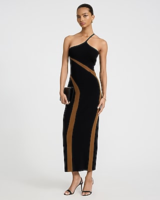 Color Block One Shoulder Knit Maxi Sheath Dress | Express