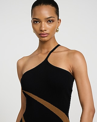 Color Block One Shoulder Knit Maxi Sheath Dress
