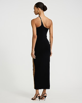Color Block One Shoulder Knit Maxi Sheath Dress