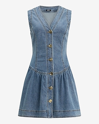 Stretch Denim V-Neck Button Front Drop Waist Mini Dress with Pockets