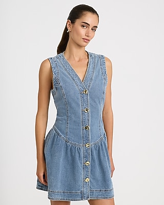 Stretch Denim V-Neck Button Front Drop Waist Mini Dress with Pockets