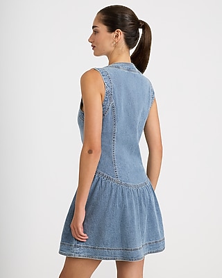 Stretch Denim V-Neck Button Front Drop Waist Mini Dress with Pockets