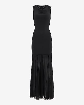 Mixed Media Cowl Neck Sheer Hem Maxi Sheath Dress