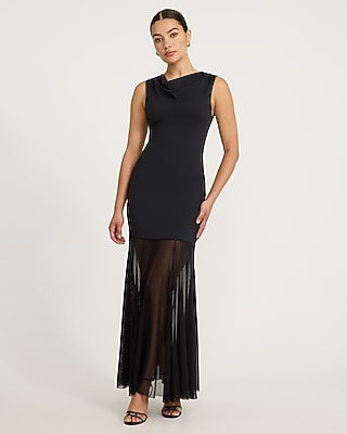 Mixed Media Cowl Neck Sheer Hem Maxi Sheath Dress