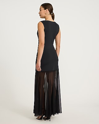 Mixed Media Cowl Neck Sheer Hem Maxi Sheath Dress