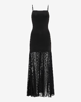 Mixed Media Square Neck Lace Hem Maxi Sheath Dress