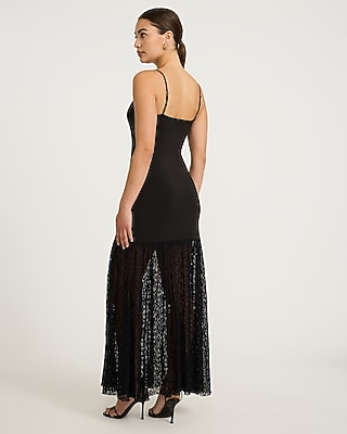 Mixed Media Square Neck Lace Hem Maxi Sheath Dress