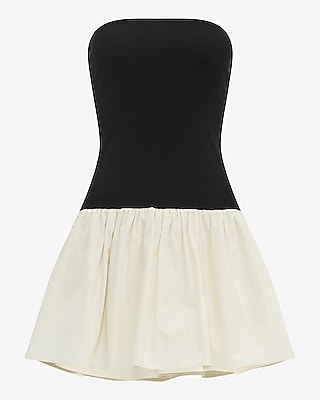 Stretch Cotton Color Block Mixed Media Drop Waist Mini Dress