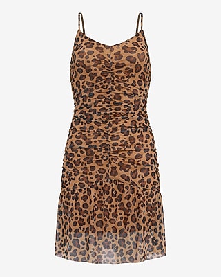Leopard Mesh V-Neck Ruched Drop Waist Mini Dress - image 4