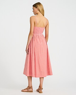 Express Women's Gingham Poplin Drop Waist Smocked Back Midi Dress in Red Medium