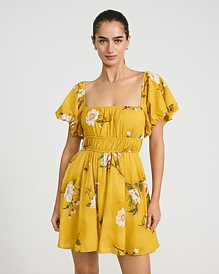 Floral Square Neck Puff Sleeve Mini Dress | Express