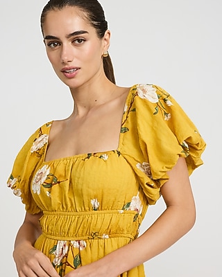 Floral Square Neck Puff Sleeve Mini Dress