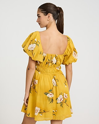 Floral Square Neck Puff Sleeve Mini Dress