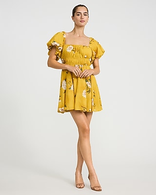 Floral Square Neck Puff Sleeve Mini Dress