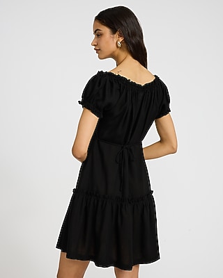 Linen-Blend Scoop Neck Puff Sleeve Bow Front Mini Dress - image 2