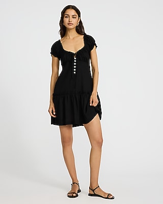 Linen-Blend Scoop Neck Puff Sleeve Bow Front Mini Dress - image 3