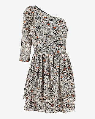 Rachel Zoe Printed One Shoulder Ruffle Mini Dress