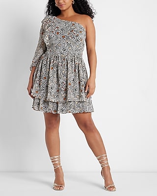 Rachel Zoe Printed One Shoulder Ruffle Mini Dress