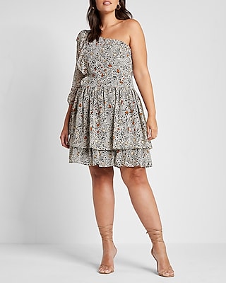 Rachel Zoe Printed One Shoulder Ruffle Mini Dress