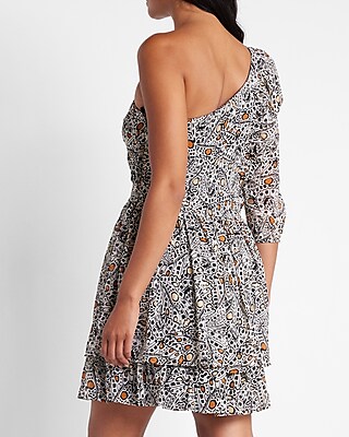 Rachel Zoe Printed One Shoulder Ruffle Mini Dress