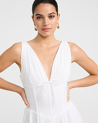 Stretch Poplin V-Neck Corset Mini Fit and Flare Dress