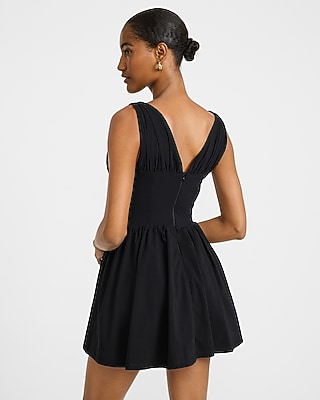 Stretch Poplin V-neck Corset Mini Fit And Flare Dress | Express