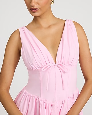 Stretch Poplin V-neck Corset Mini Fit And Flare Dress