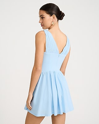 Stretch Poplin V-Neck Corset Mini Fit and Flare Dress - image 3
