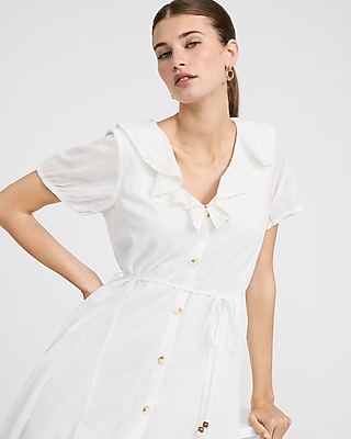 Collared Puff Sleeve Button Front Tie Waist Mini Dress - image 2