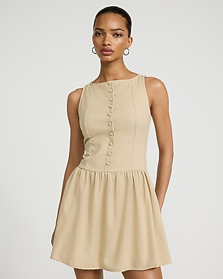Linen-Blend Button Front Smocked Back Drop Waist Mini Dress - image 5