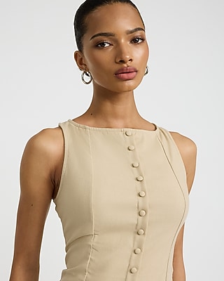 Linen-blend Button Front Smocked Back Drop Waist Mini Dress | Express