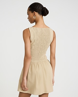 Linen-Blend Button Front Smocked Back Drop Waist Mini Dress