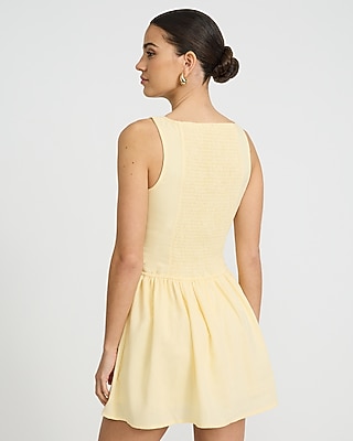 Linen-Blend Button Front Smocked Back Drop Waist Mini Dress - image 3