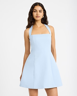 Tie Halter Square Neck Structured Fit and Flare Mini Dress