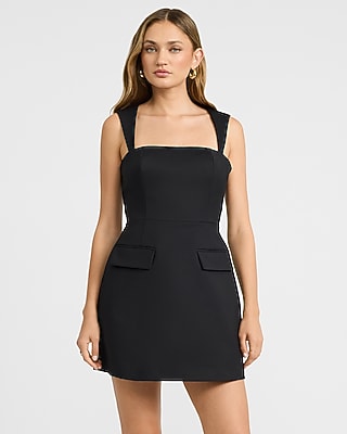 black dress square neck fit and flare Express Women's Structured Square Neck Fit And Flare Mini Dress in Black 4