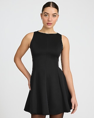 Express Plus Size Women's Crew Neck Sleeveless Seamed Mini Fit And Flare Dress in Black