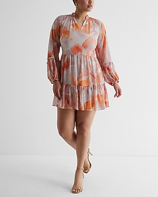 Floral Ruffle Neck Tiered Mini Shift Dress | Express