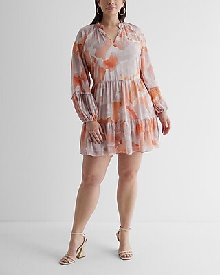 Floral Ruffle Neck Tiered Mini Shift Dress | Express