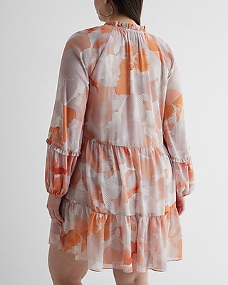 Floral Ruffle Neck Tiered Mini Shift Dress | Express