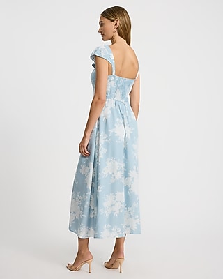Floral Square Neck Cap Sleeve Smocked Back Midi Dress