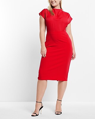 draped sleeve mock neck sheath dress