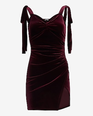 Velvet Sweetheart Tie Strap Ruched Mini Dress