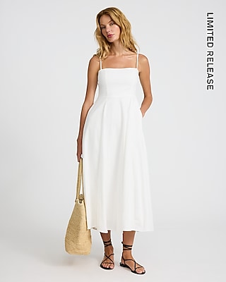 Poplin Square Neck Sleeveless Midi Fit And Flare Dress
