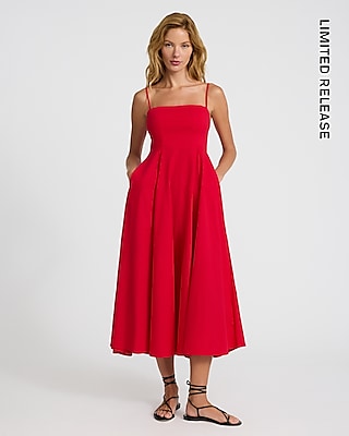 Poplin Square Neck Sleeveless Midi Fit and Flare Dress