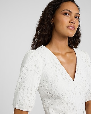 Eyelet V-Neck Puff Sleeve Mini Dress