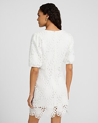 Eyelet V-Neck Puff Sleeve Mini Dress