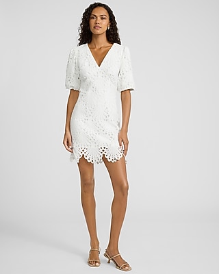 Eyelet V-Neck Puff Sleeve Mini Dress