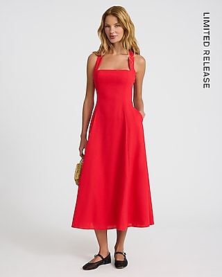 Linen-Blend Square Neck Strappy Low Back Midi Dress
