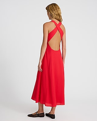 Linen-Blend Square Neck Strappy Low Back Midi Dress
