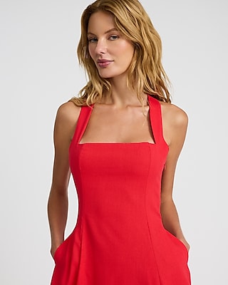 Linen-Blend Square Neck Strappy Low Back Midi Dress